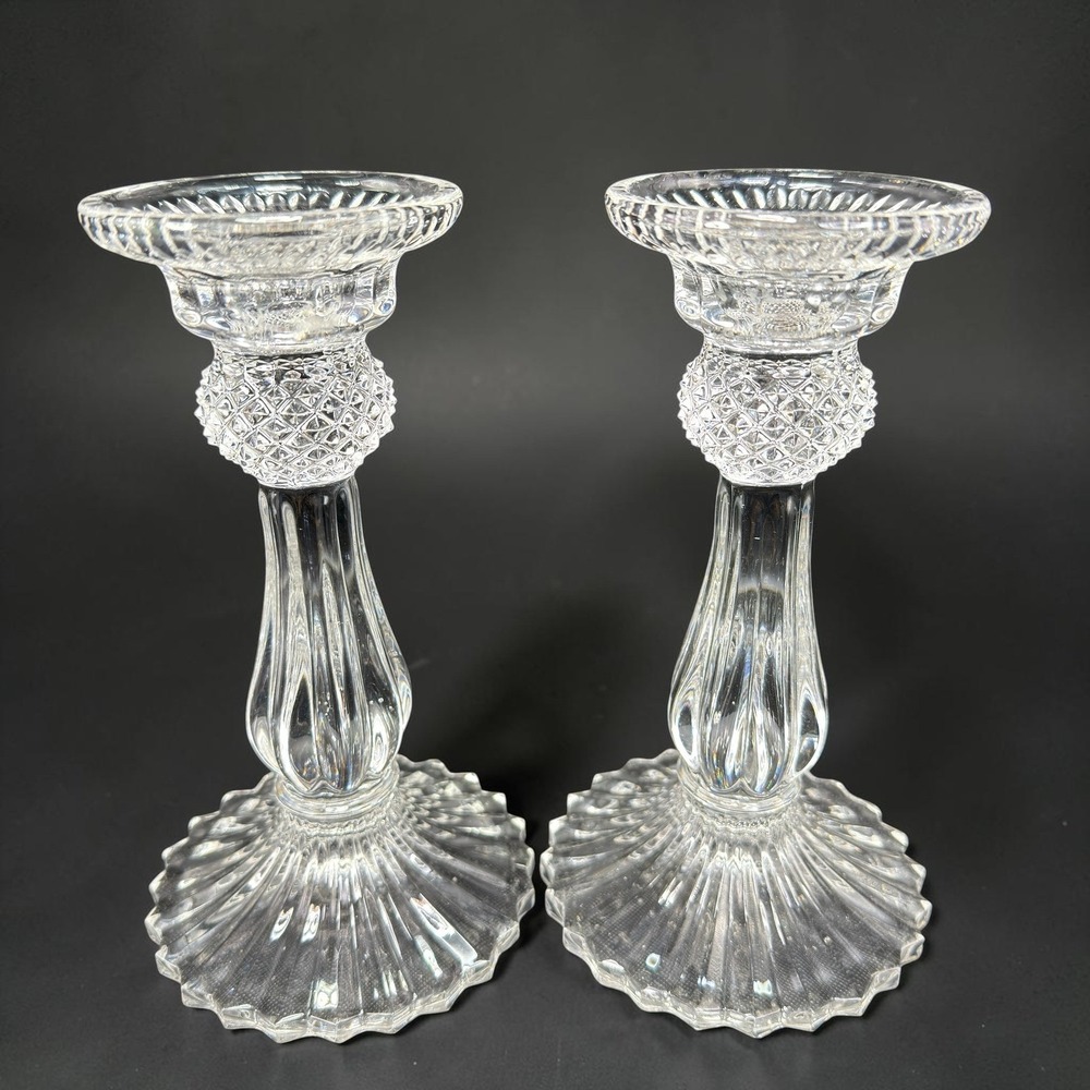 Vintage Crystal Glass‎ Candlestick Holders Pair Diamond Cut Scalloped Base Clear